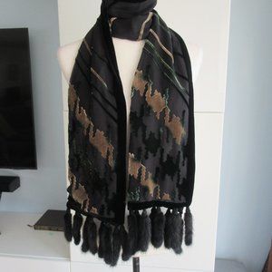 Mitchie’s Silk Viscose Wrap Scarf w/ Genuine Fur Trim Fringe Black Beige Green